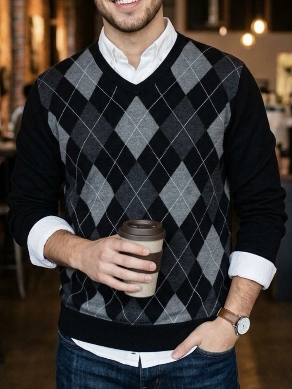 Banana Republic Black and Gray Argyle V-Neck Sweater extra fine Italian wool